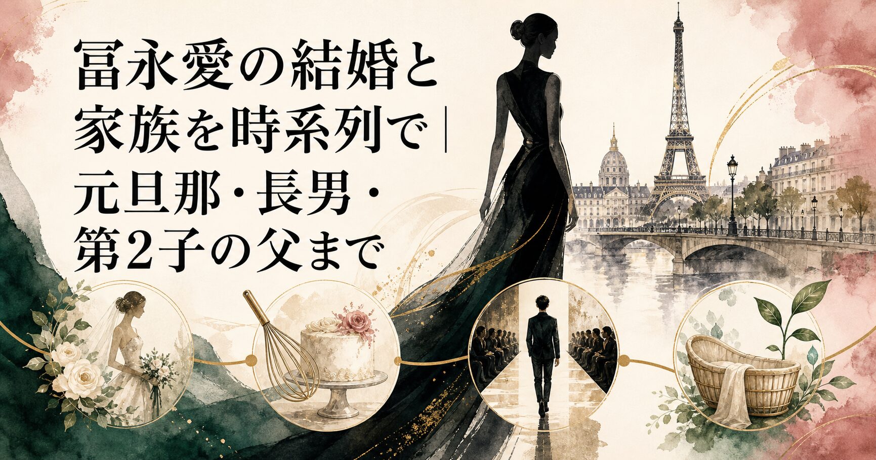 冨永愛の結婚、元旦那、長男、第2子の父を時系列で表したイメージイラスト