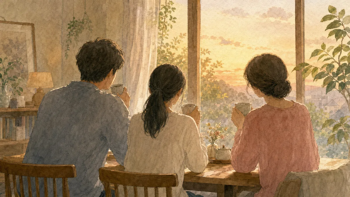 夫婦と娘が食卓を囲む様子を描いたイメージイラスト