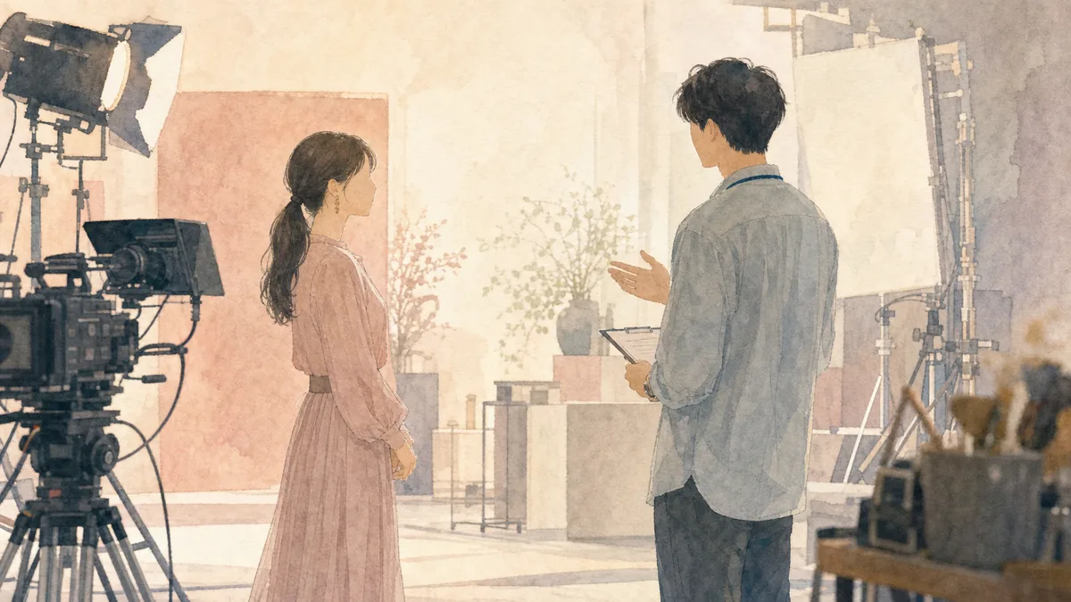CM撮影現場で出会う男女を描いたイメージイラスト