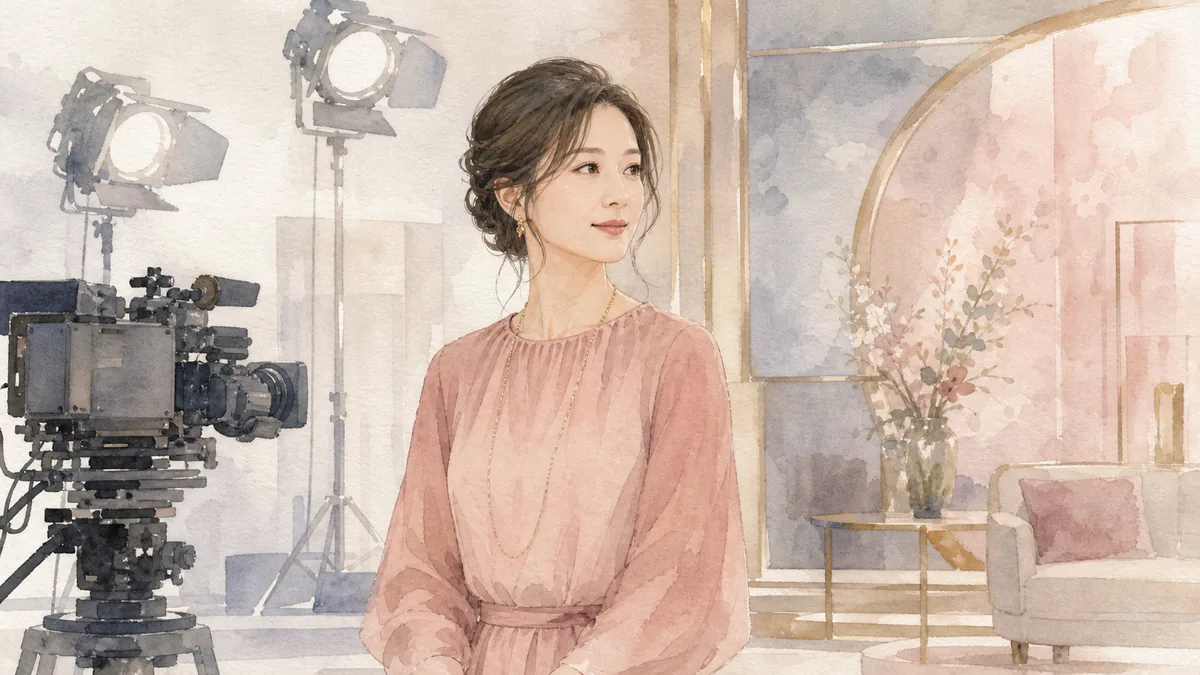 撮影スタジオに立つ架空の女性を描いたイメージイラスト