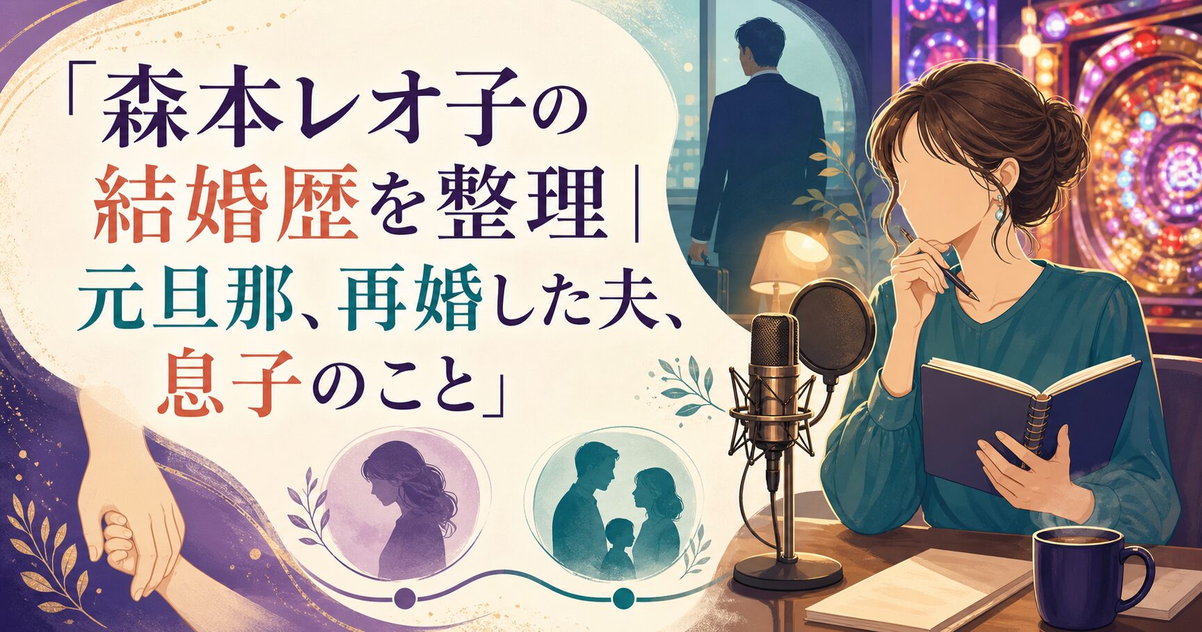 森本レオ子の結婚歴、元旦那、再婚した会社員の夫、息子を表したイメージイラスト