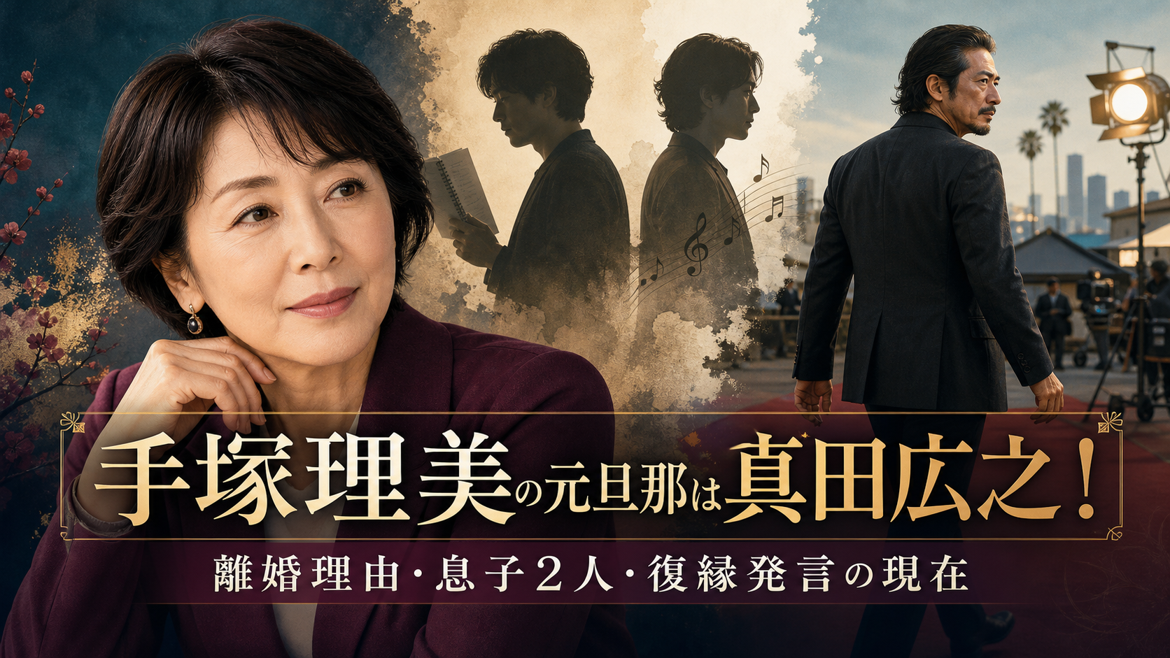 手塚理美と元旦那・真田広之、息子2人を解説するイメージイラスト