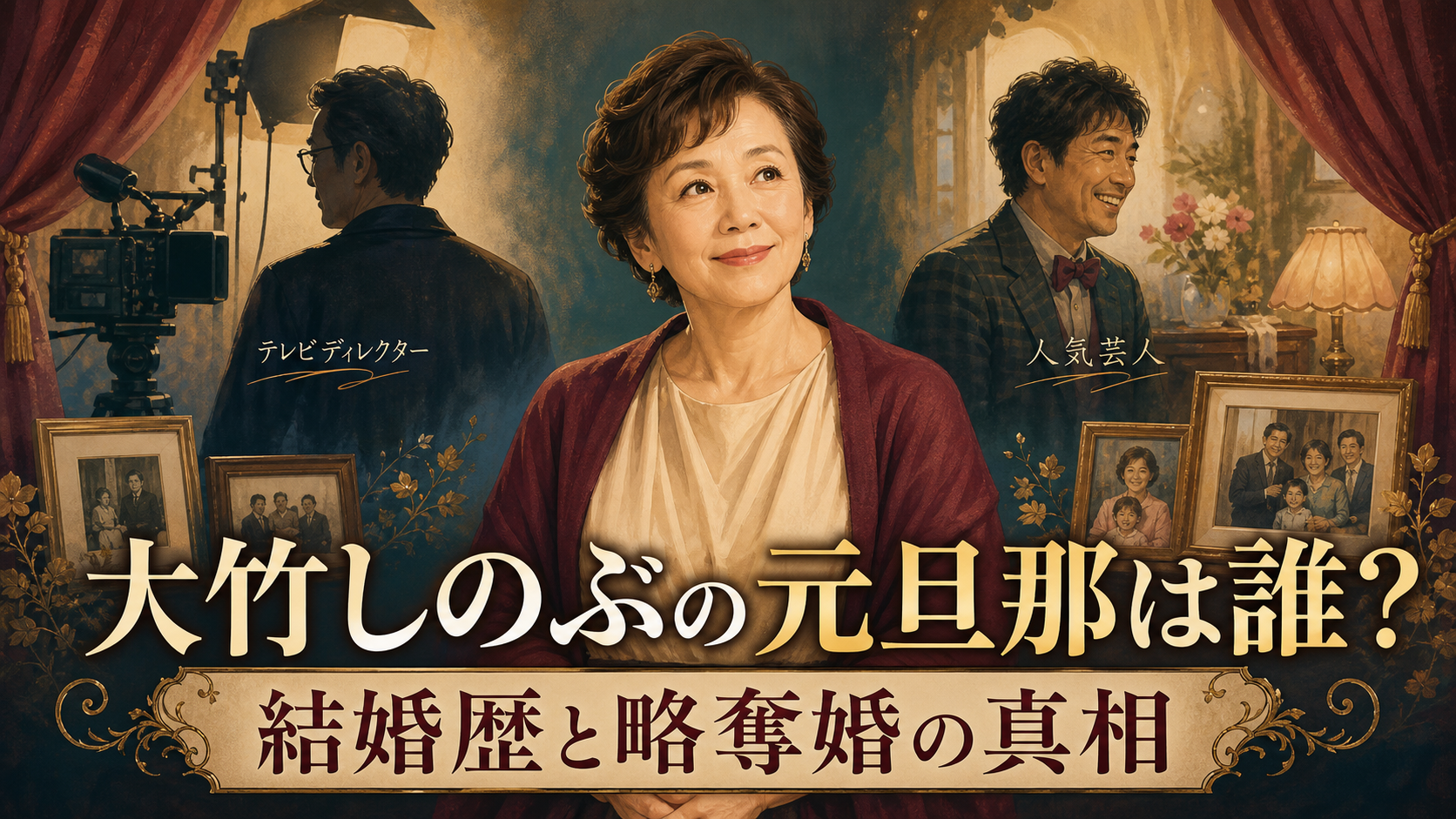 大竹しのぶの元旦那と結婚歴を解説するアイキャッチイラスト